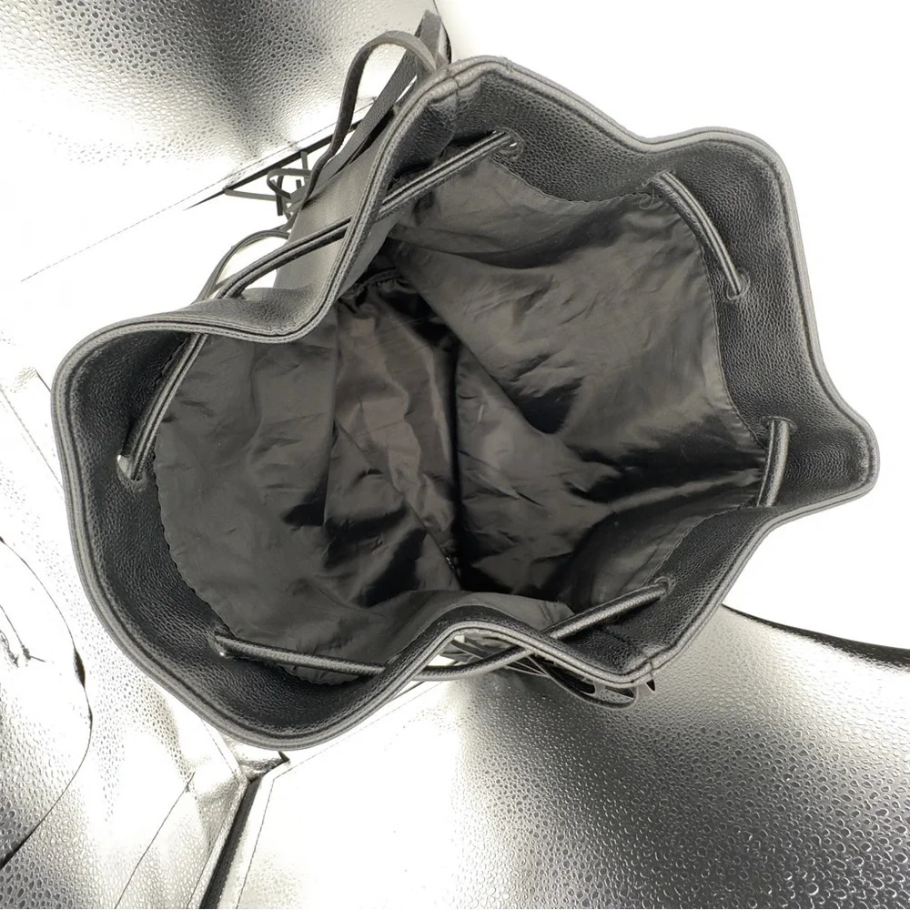 Victoria's Secret Black Faux Leather Shoulder Bucket Bag Fringe Backpack Tote